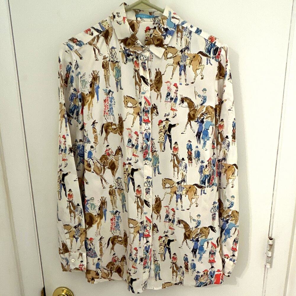 J. McLaughlin Women S Button-Up Blouse Collared Horses Derby Graphic Print Silk - Picture 1 of 5